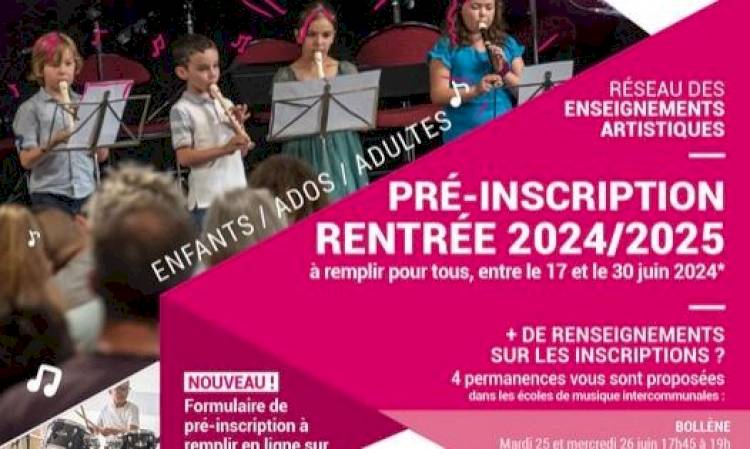 Pré-inscriptions Rentrée 2024/2025 - Conservatoire André Armand de Bollène